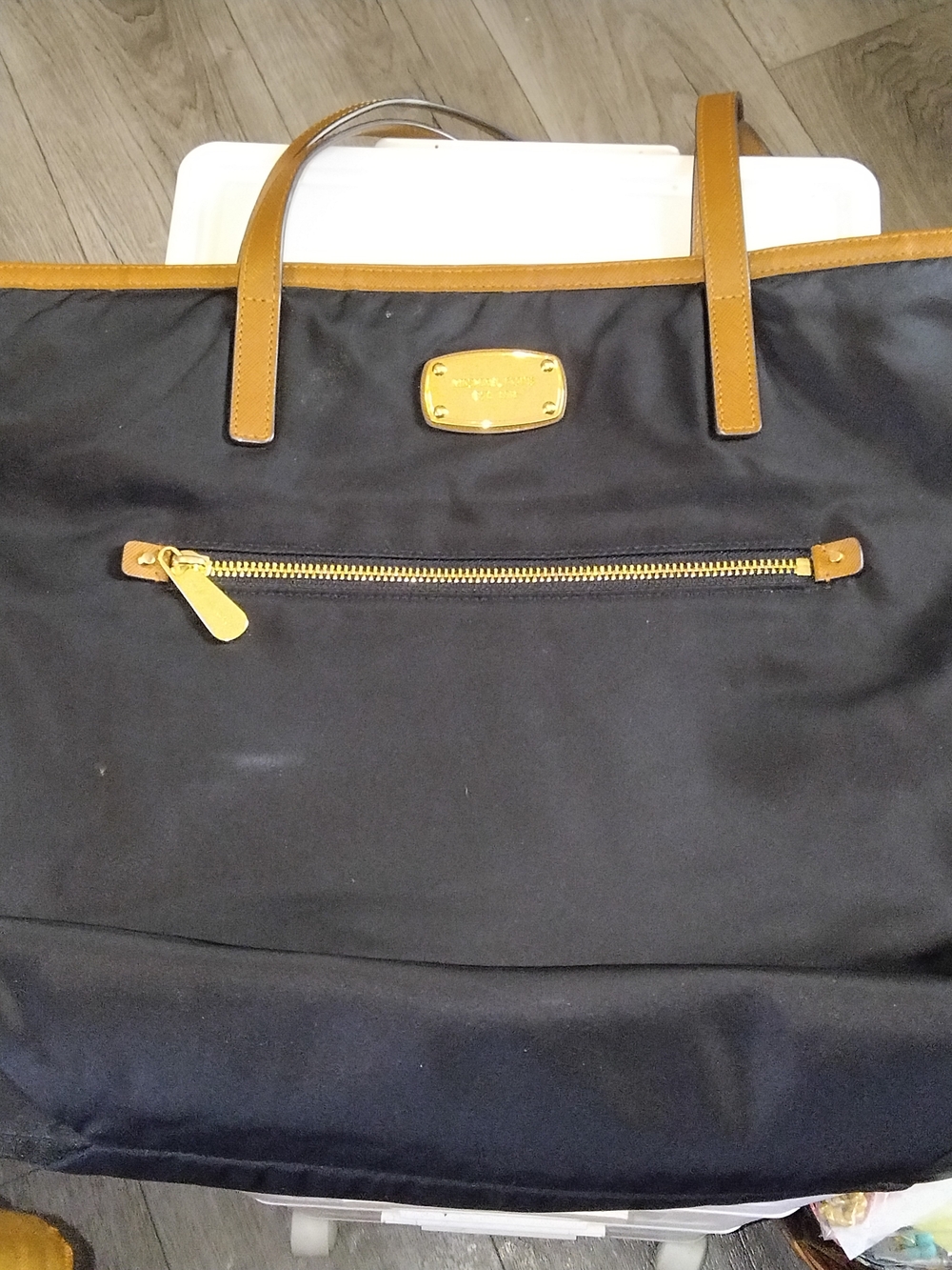 Black Tote with Tan Leather Trim and Gold Hardware